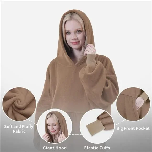 Oversized Flannel Wearable Blanket Hoodie for Adults, One Size Fits All, Camel
